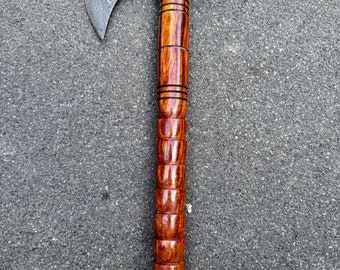 Hand Forged Damascus Steel Axe: Viking Etched Rosewood Handle