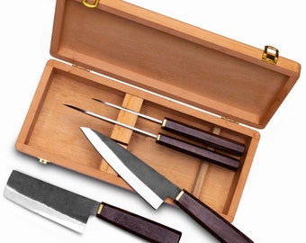 Handmade Forged Steel Chef Knife Set: Kitchen Knives with Wood Box