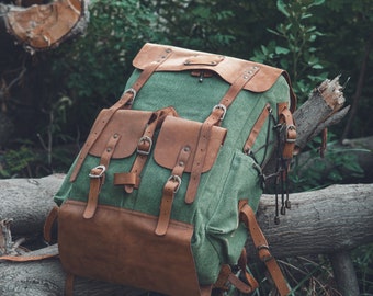 Handmade Leather & Waxed Canvas Camping Backpack, 40 Liter