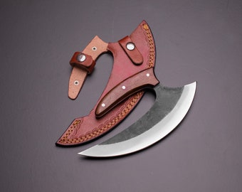 Hand-Forged High Carbon Steel Viking Pizza Axe with Leather Sheath