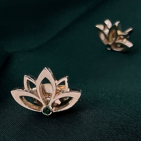 Lotus flower earrings studded emerald green sapphire stone made of 14k yellow gold
