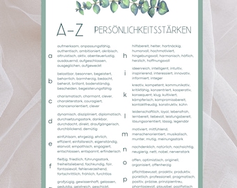 Personality Strengths A-Z - List, Strengths, Ready to Print - Wall Art - Character Strengths, PDF/PNG, Printable Art, Self Care, Poster