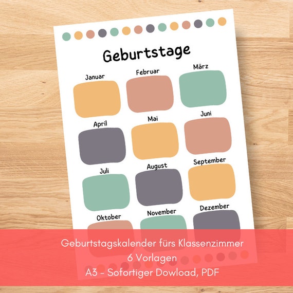Geburtstagskalender fürs Klassenzimmer / Schulzimmer-Geburtstage / 6 Vorlagen / A3-Format / PDF / Schule / Schülergeburtstag