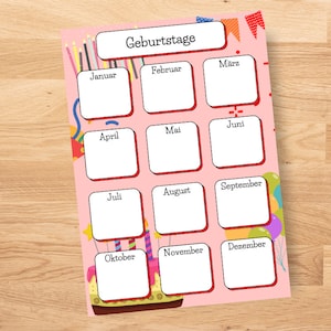 May include: A pink birthday chart with a birthday cake at the bottom. The chart is divided into 12 boxes, one for each month of the year. The months are labeled in German: Januar, Februar, M&auml;rz, April, Mai, Juni, Juli, August, September, Oktober, November, Dezember.