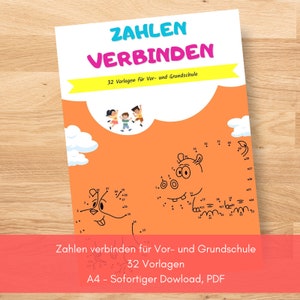 Könnte beinhalten: Ein farbenfroher Einband für ein Arbeitsheft mit dem Titel "Zahlen Verbinden" mit 32 Vorlagen für Kindergarten und Grundschule. Der Einband zeigt eine Comic-Illustration eines Flusspferdes und drei Kinder, die in den Wolken springen. Der Text auf dem Einband lautet "Zahlen Verbinden" und "32 Vorlagen für Vor- und Grundschule".