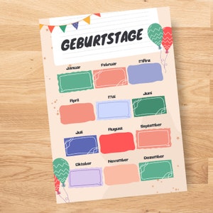 May include: A printable birthday chart with a colorful banner and balloons. The chart has 12 boxes, one for each month of the year, with the German month names written above each box.