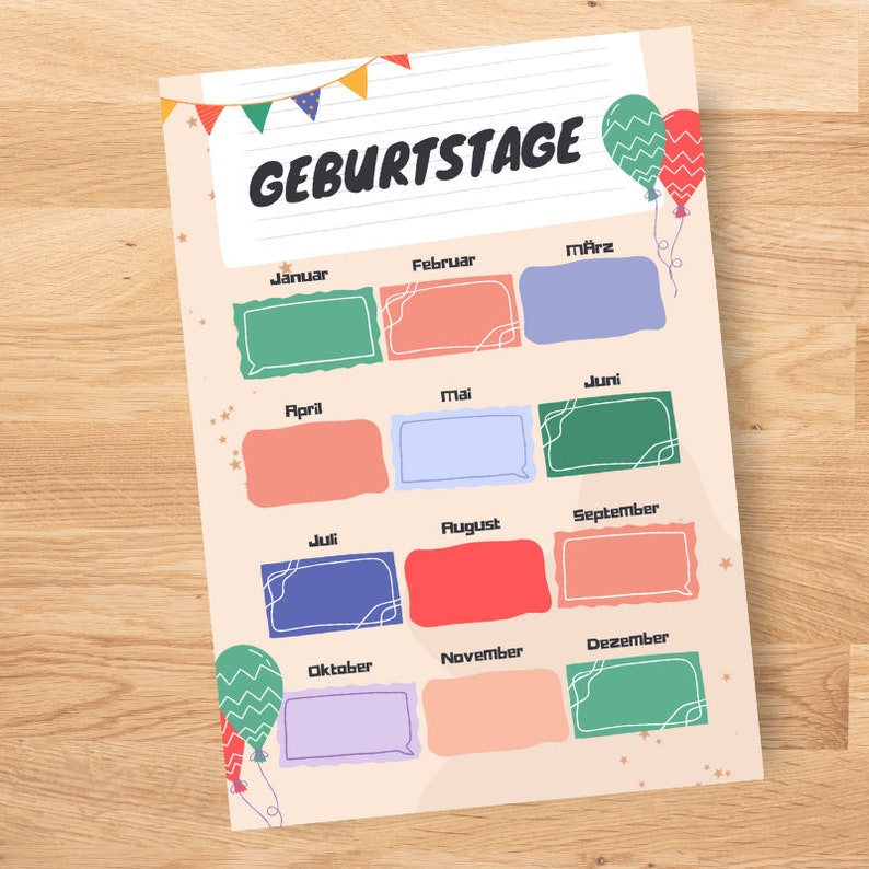 May include: A printable birthday chart with a colorful banner and balloons. The chart has 12 boxes, one for each month of the year, with the German month names written above each box.