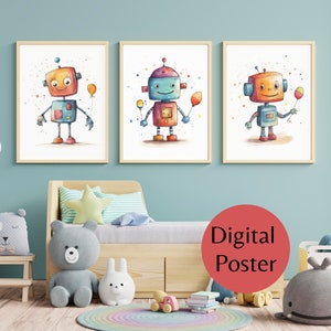 Könnte beinhalten: Drei gerahmte digitale Poster mit Aquarell-Roboter-Illustrationen. Jeder Roboter hat ein anderes Farbschema und hält einen Ballon. Die Roboter sind vor einem weißen Hintergrund mit bunten Farbspritzern platziert. Der Text "Digital Poster" befindet sich in einem roten Kreis.