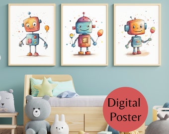 25 Robot Posters - Digital Robot Pictures - Wall Art - Printable Posters for Children&#39;s Room - PNG - Playroom - Printable Art