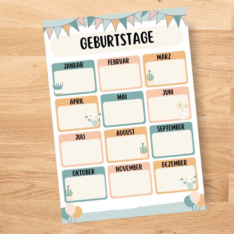 May include: A printable birthday calendar with a light blue background and colorful flags at the top. The calendar is divided into 12 months, each with a space to write names. The months are labeled in German: Januar, Februar, M&auml;rz, April, Mai, Juni, Juli, August, September, Oktober, November, Dezember.