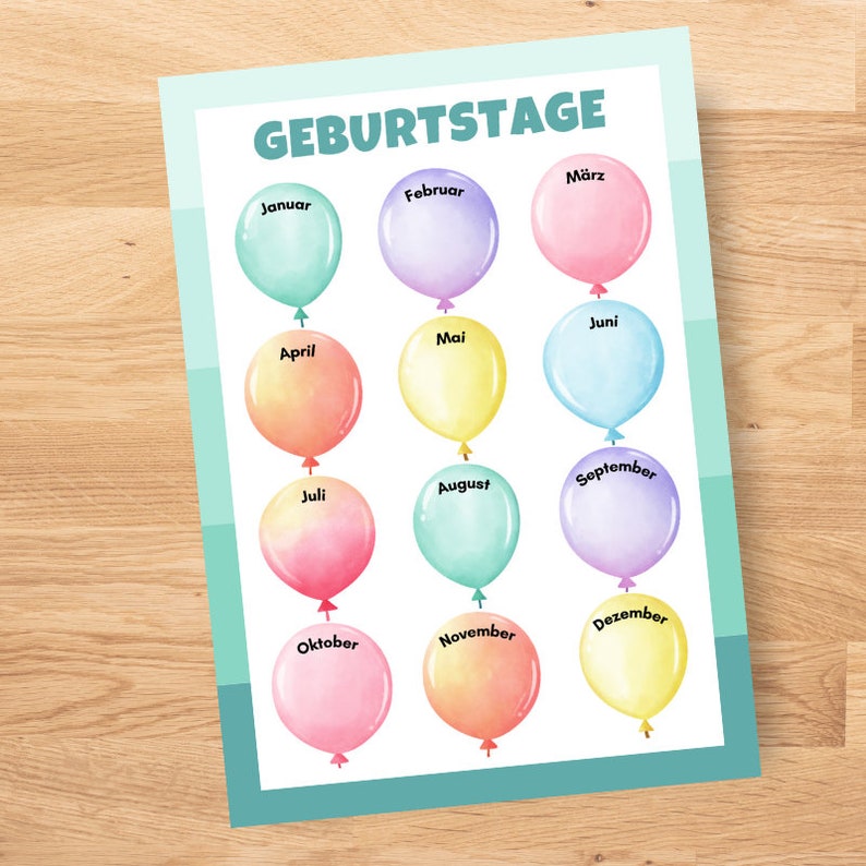 May include: A colorful chart with the months of the year written in German. Each month is represented by a balloon with a different color gradient. The chart is titled "Geburtstage" which means "Birthdays" in English.