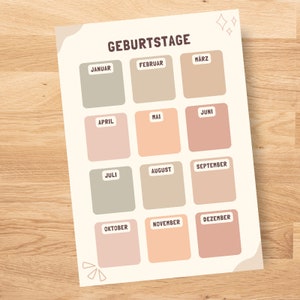 May include: A printable birthday chart with a white background and brown text. The chart is divided into 12 squares, each representing a month of the year. The months are labeled in German: Januar, Februar, M&auml;rz, April, Mai, Juni, Juli, August, September, Oktober, November, Dezember.