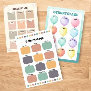 May include: Three printable birthday charts with the months of the year listed in German. The charts are decorated with colorful balloons and polka dots.