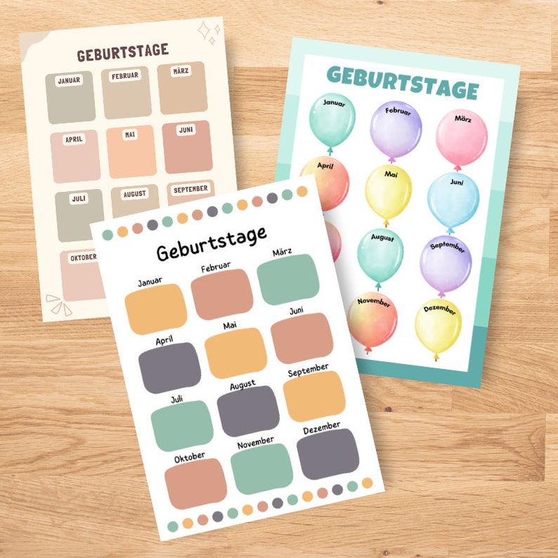 May include: Three printable birthday charts with the months of the year listed in German. The charts are decorated with colorful balloons and polka dots.