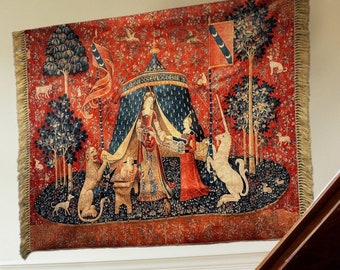 Lady and The Unicorn Medieval Tapestry with Woven Fringe - Vintage Tapestry - Antique Tapestry - 47” x 62” - 120 x 160 cm