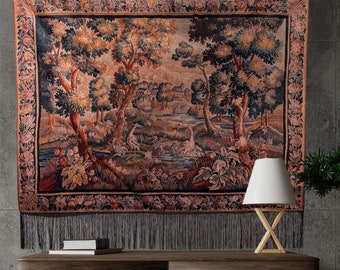 Nature Scenery Medieval Tapestry with Woven Fringe - Antique Tapestry - Forest Boho Tapestry - Vintage Tapestry - 48” x 52” - 123 x 133 cm