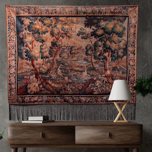 Nature Scenery Medieval Tapestry with Woven Fringe - Antique Tapestry - Forest Boho Tapestry - Vintage Tapestry - 48” x 52” - 123 x 133 cm