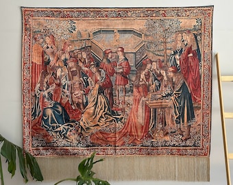 Medieval Tapestry with Woven Fringe - Renaissance Tapestry - Boho Tapestry - Vintage Printed Tapestry - Antique Tapestry