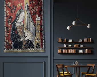 Lady Playing Organ Medieval Tapestry with Woven Fringe - Vintage French Tapestry - Boho Antique Renaissance Tapestry (38” x 53” - 100x135cm)