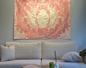 Sun and Moon Wall Tapestry - Textured Pink Tapestry - Boho Chic Tapestry - Wall Decor - Psychedelic Wallhanging - 45”x 57” - 115 x 145 cm