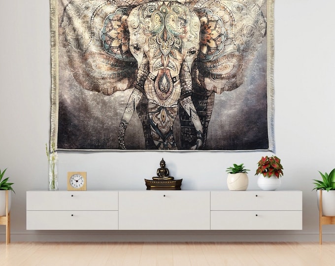 Mandala Elephant Wall Tapestry with Woven Fringe - Wall Decor - Wall Hang