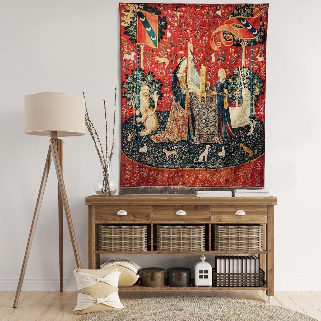 Unicorn French Medieval Wall Tapestry with Woven Fringe - Boho Antique Tapestry - Vintage Renaissance Tapestry - 39” x 51” - 98 x 130 cm