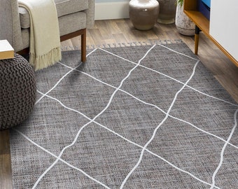 Gray Scandinavian Area Rug with Woven Fringe - Living Room Rug 7x10 - Bedroom Rug 5x8 - Non-shedding Rug 4x6 - Modern Contemporary Rug