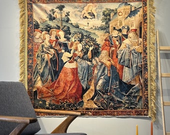 Medieval Tapestry with Woven Fringe - Renaissance Tapestry - Boho Tapestry - Vintage Tapestry - Antique Tapestry - 50”x60” - 125x150 cm