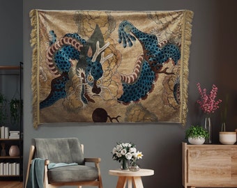 Blue Dragon Medieval Wall Tapestry with Woven Fringe - Boho Tapestry - Wall Decor - Wall Hanging