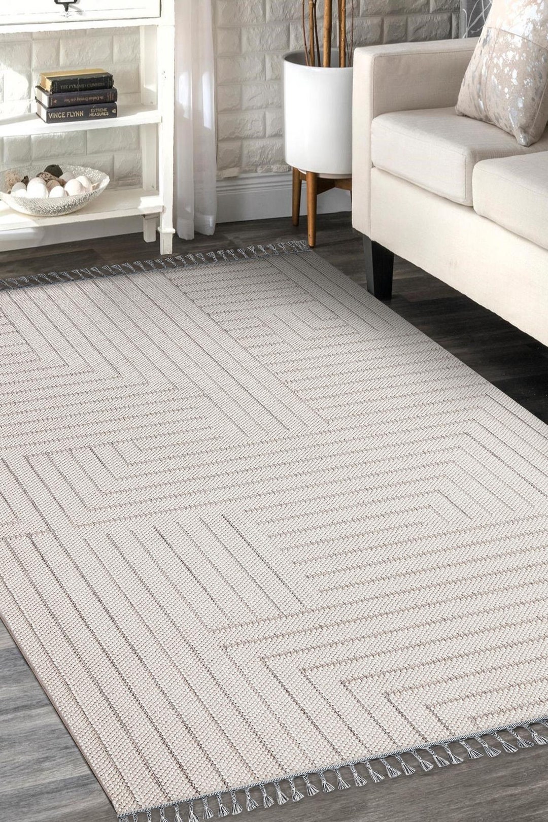 Off White Scandinavian Area Rug With Woven Fringe Photo Inspiration