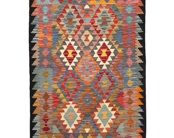3&#39;5 &quot;x 4&#39;10&quot; Handgewebter bunter türkischer Woll-Kelim Teppich - Wende-Kelim - Maschinenwaschbarer Woll-Kelim (103 x 146 cm)
