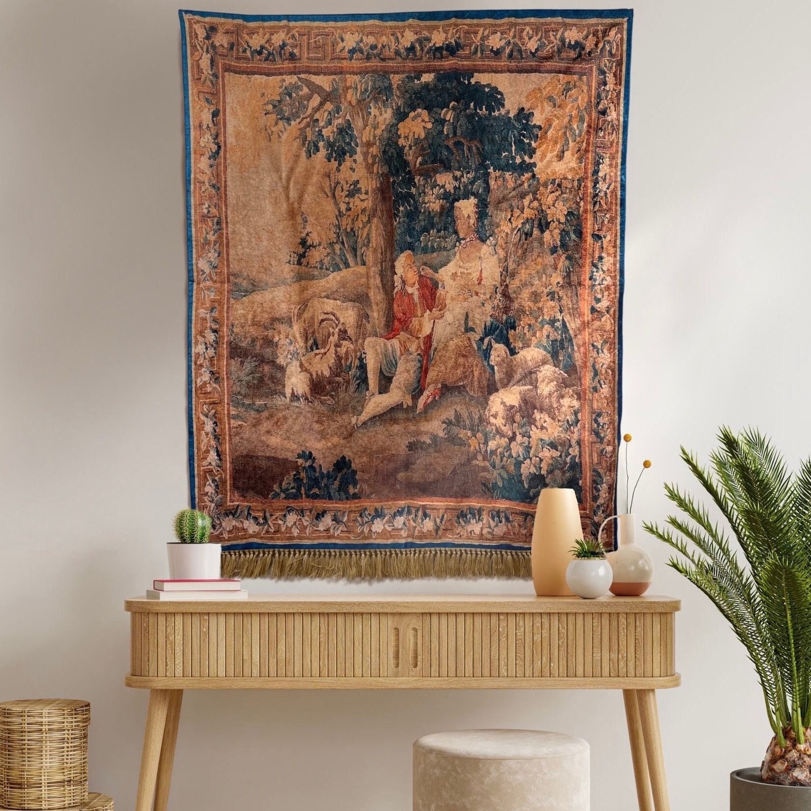 Antique Forest Scene Medieval Wall Tapestry - Vintage Boho Wall Hanging - Renaissance Tapestry with Woven Fringe  - 43” x 57” - 110 x 145 cm