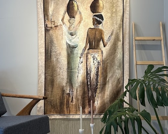 African Women Wall Tapestry with Woven Fringe - Wall Decor - Wall Hang