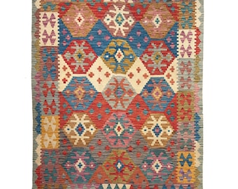 5&#39;0 &quot;x 6&#39;5&quot; Handgewebter bunter türkischer Woll-Kelim Teppich - Wende-Kelim - Maschinenwaschbarer Woll-Kelim (150 x 195 cm)