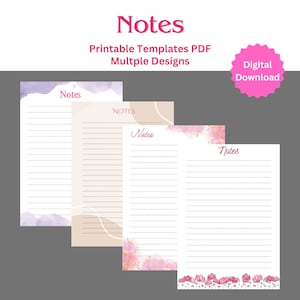 Cuatro notas imprimibles con temática de acuarela (A4, A5, Carta (EE. UU.), Media carta (Impresión a pedido, PDF)