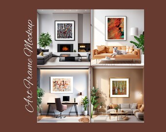 Puede incluir: Cuatro escenas de sala de estar diferentes con obras de arte enmarcadas, que incluyen pinturas abstractas, un paisaje y un bodegón. Cada escena presenta un sofá, una mesa de café y una mascota.
