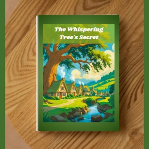 May include: A book titled "The Whispering Tree's Secret" with a green border, resting on a wooden surface. The cover features a vibrant illustration of a tree, cottages, and a stream, evoking a storybook feel.