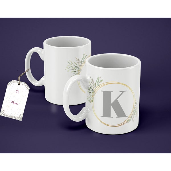 Personalized Monogram Sublimation Mug Wrap Set with Initial "K" (11oz, 12 oz, 15oz, Gift Tag)