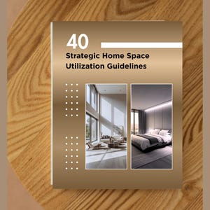 May include: A book titled "40 Strategic Home Space Utilization Guidelines" on a wooden surface. The cover is gold with white text and two interior design images. The book is rectangular and has a modern design.