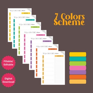 Plantilla de planificador de comidas semanal definitivo, imprimible y editable, 7 colores, tamaño A4, tamaño carta de EE. UU., PDF