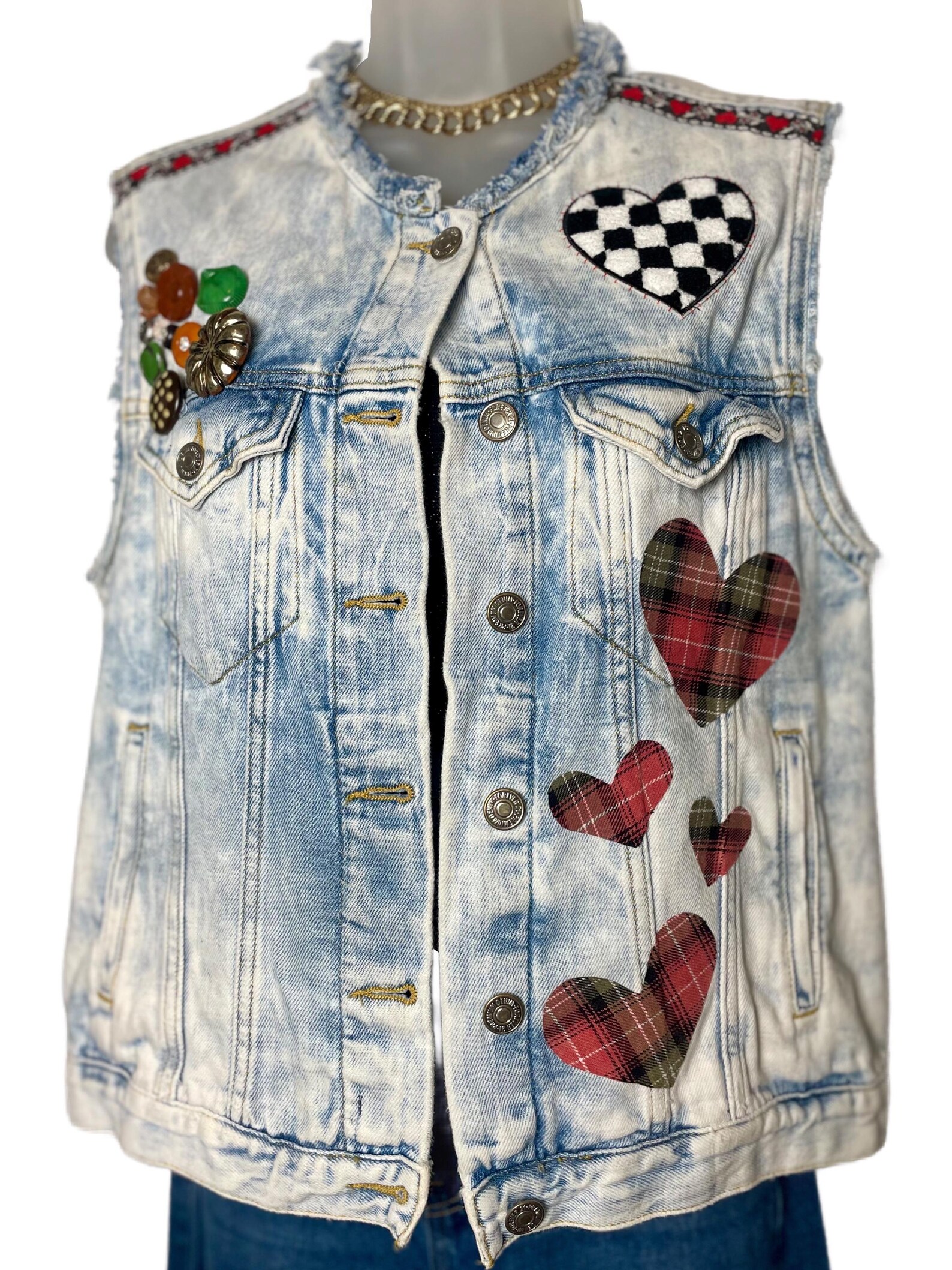 Custom Handcrafted Denim Vest With Handsewn Peace Appliqué Plaid Hearts ...