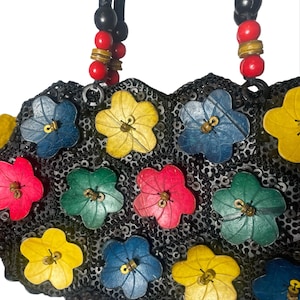 Vintage 80s Coconut Floral Handbeaded Beaded Kitschy Purse