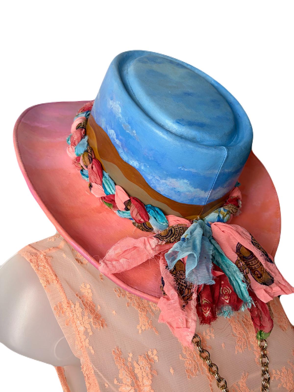 Hand Painted Leather Fedora Bespoke Desert Sunset Sky, Braided Tie, Western Cowgirl Hat