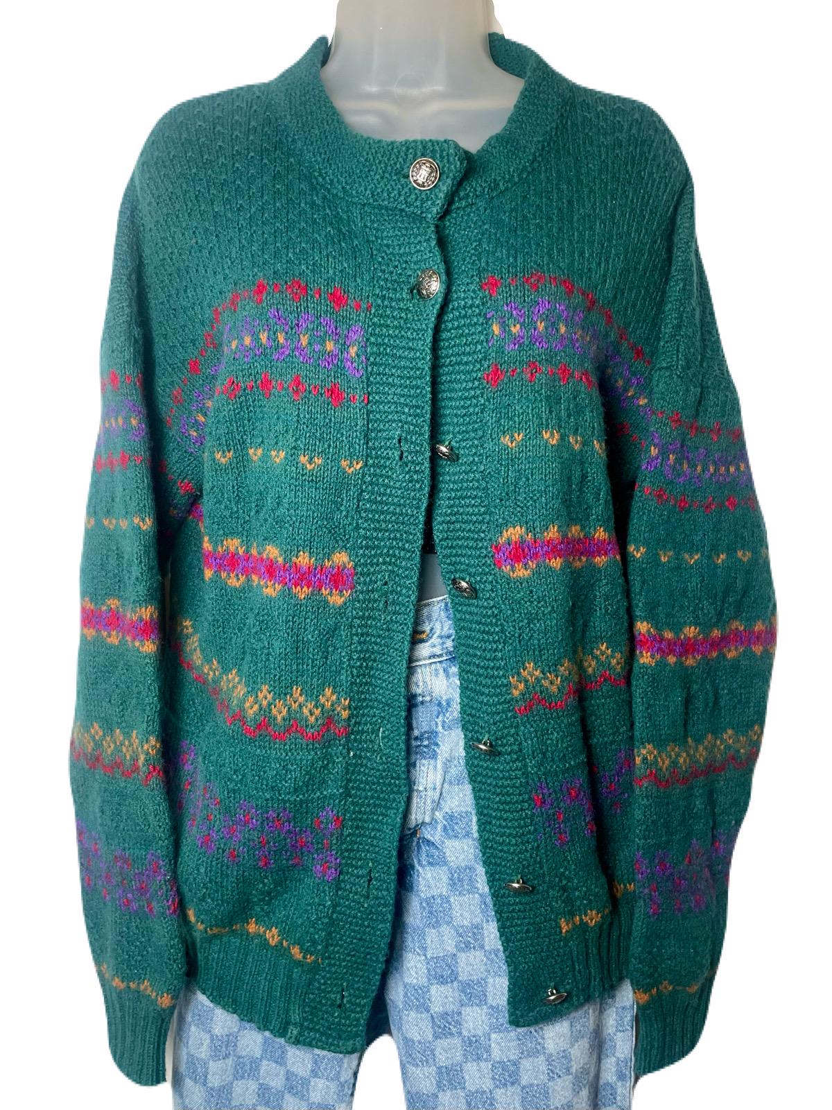 Cardigan Vintage Tricoté Alps à Motifs, Style "grand-mère" Ou Ski Lodge - Taille M, Gris, Occasion TBE