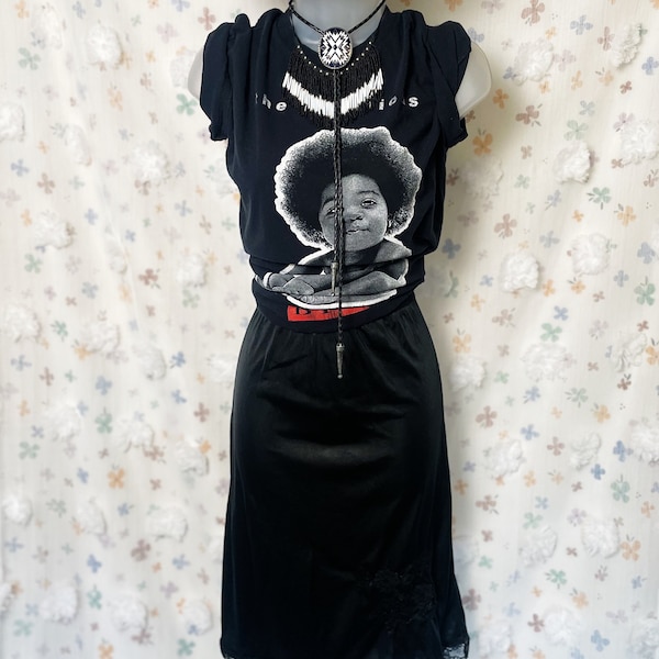 Vintage Women's Black Slip Skirt Half Slip Lace Trim Details and Applique