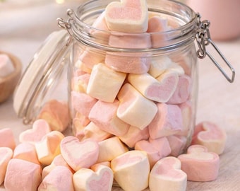Malvaviscos en forma de corazón de color rosa: postres románticos para bodas y San Valentín