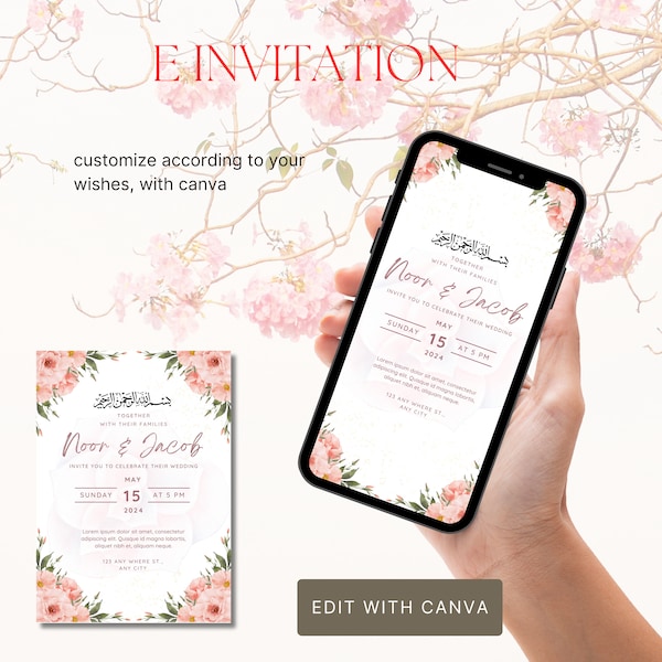 Digital wedding card islam beige floral digital simple minimalis Pakistan wedding invitation