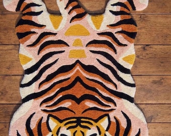 Tibetan Tiger Rug Handmade Tiger Shape Rug Maximalist Tiger Rug Oriental Style Tiger Rug Hand Tufted Wool Animal Shaped Area Carpet