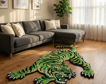 Groene Tibetaanse tijger tapijt handgetuft wollen tapijt dierenprint tapijt boho interieur uniek accenttapijt voor woonkamer, slaapkamer en kinderkamer