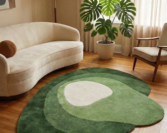 Amoeba Shape Green Rug Handmade Wool Rug Modern Organic Aesthetic Green & Olive Area Rug Statement Rug Abstract Rug For Living Room Carpet